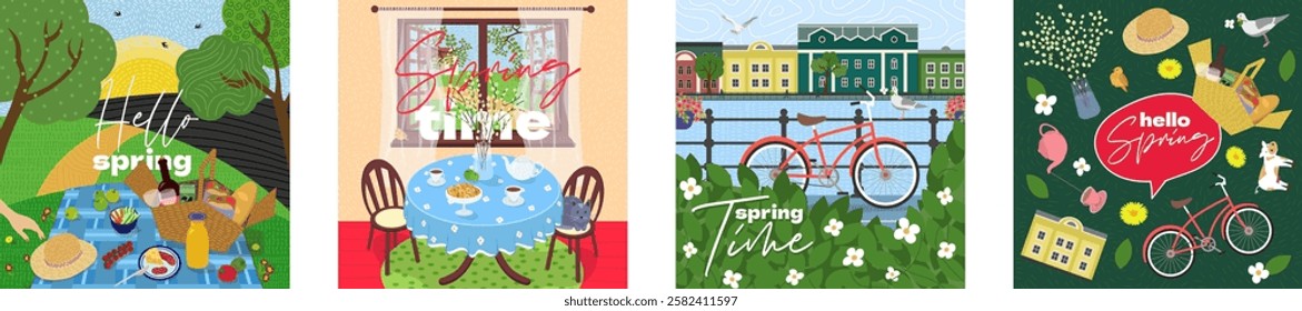 Drawing springtime scene art square banner set with colorful plants, picnic setting and bright spring atmosphere in city. Great for floral themed cards, creative advertising and seasonal invitations.