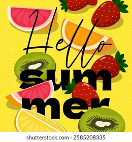 Drawing square banner. Features bright fruits like orange, kiwi, grapefruit and strawberry. Perfect for summer, tropical themes, healthy food or seasonal fruit promo. Ideal for flyers or advertising.