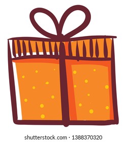 Drawing of a square gift box wrapped with orange decorative paper tied with a brown ribbon and topped with a decorative bow  vector  color drawing or illustration