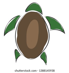 Drawing of a squirming turtle with a large oval-shaped shell or shield and to its exterior a green-colored semi-circular head  sickle-shaped hands and legs   vector  color drawing or illustration