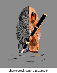 Drawing squirrel with fluffy ears and tail, with a fountain pen in the paws, low poly triangular vector illustration. 