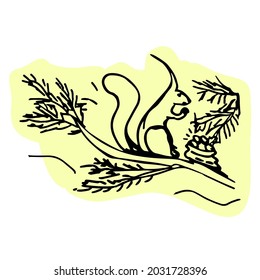 Drawing of a squirrel gnawing nuts. Fabulous character. Children's coloring.