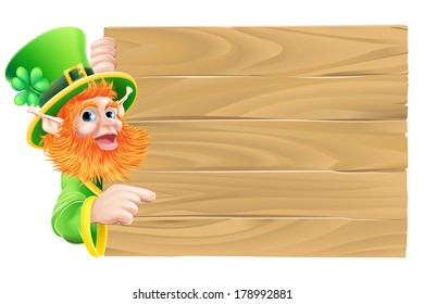 Drawing of a St Patricks day leprechaun cartoon character pointing down at a sign