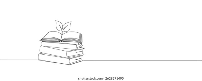 Drawing of a stack of books with a plant sprout in one continuous line. Symbol of education, reading and writing in one line style . Vector editable illustration