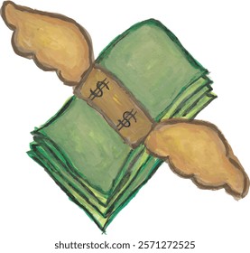 a drawing of a stack of green money with wings watercolor