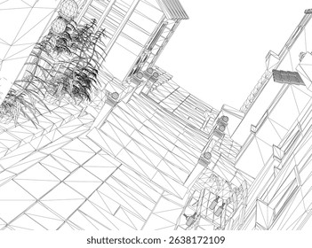 A drawing of a staircase with a bench in front of it. The stairs are made of stone and the bench is made of wood. The image has a calm and peaceful mood