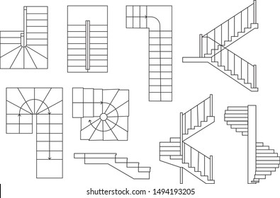 Drawing stairs, stairway. . Top view and sectional view. Architectural set