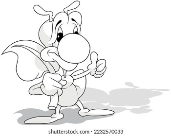 Dibujo de una hormiga de pie sosteniendo una hoja y mostrando los umbros hacia arriba - Ilustración de dibujos animados aislados en fondo blanco, vector