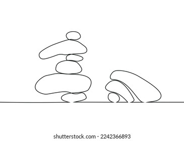 The drawing of standing balanced and fallen unbalanced stones pyramids made in one-line art technique. Minimalistic black and white image.