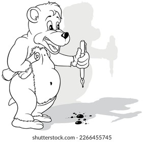Drawing of a Standing Bear with a Writing Pen in its Paw - Cartoon Illustration Isolated on White Background, Vector