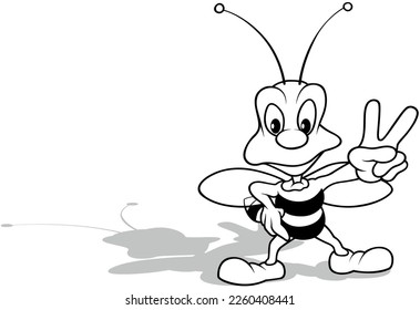 Drawing of a Standing Bee Showing Victory - Cartoon Illustration Isolated on White Background, Vector