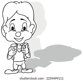 Dibujo de un chico en pie con una bolsa de colegio en la espalda - Ilustración de caricatura aislada en fondo blanco, vector