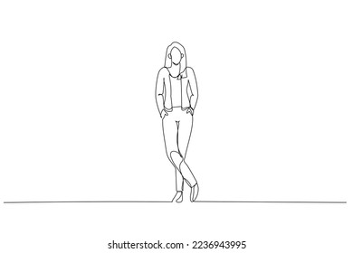 Drawing standing businesswoman model posing and hands in pockets  Continuous line art
