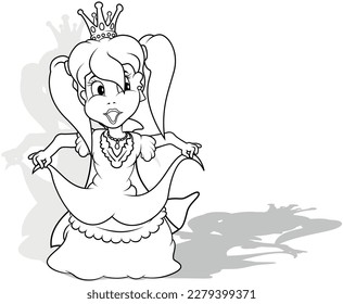 Drawing of a Standing Princess in a Long Dress - Cartoon Illustration Isolated on White Background, Vector