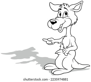 Drawing of a Standing Smiling Kangaroo Pointing with a Paw - Cartoon Illustration Isolated on White Background, Vector