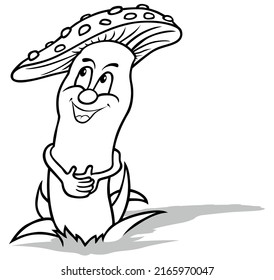 Drawing of a Standing Toadstool with Folded Arms - Cartoon Illustration Isolated on White Background, Vector