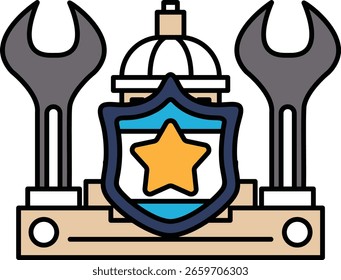 Un dibujo de una estrella y un escudo con una llave inglesa en la parte superior. El escudo tiene una estrella y la llave inglesa está encima
