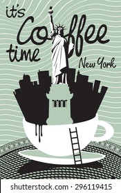 Drawing with Statue of Liberty and New York in a cup of coffee