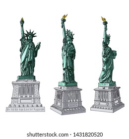 Drawing of Statue of Liberty in set for national posters 4th July United States of America Declaration of Independence day and events such as Memorial Day May 27 and Veterans Day November 11. Vector