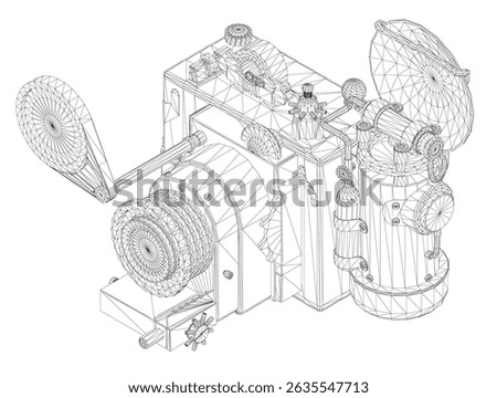 A drawing of a Steampunk camera with a lot of detail. The machine is a camera and the drawing is in black and white. Isometric view. 3D