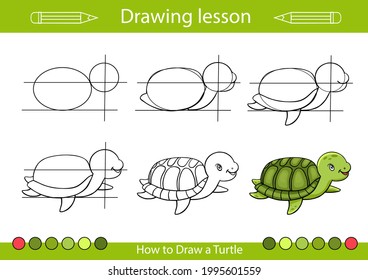 Drawing step by step. How to draw a cute turtle. Kids drawing tutorial. Children worksheet. Activity page. Vector illustration.