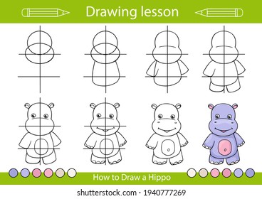 Drawing Step By Step. Lesson For Kids. How To Draw A Cute Hippo. Drawing Tutorial. Children Worksheet. Activity Page For Book. Vector Illustration A Hippopotamus.