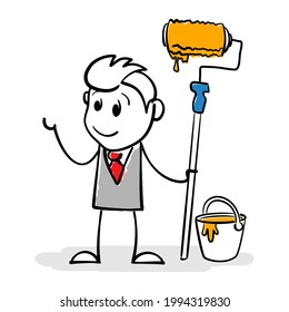 Drawing of stick figure businessman with roller in paint and paint bucket. Stick figure artist looks at his creative work. You can to add your text or drawing. Positive, motivation or inspiration sign