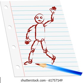 Drawing of stick figure waving on piece of note paper illustration vector