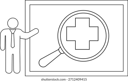 Dibujo de figura de palo que presenta un signo más bajo una lupa en un tablero enmarcado