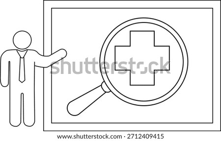 Drawing stickfigure presenting a plus sign under a magnifying glass on a framed board