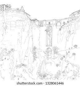 drawing of a stone bridge over the gorge of El Tahoe in the city of Ronda. Spain