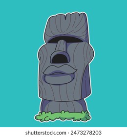 a drawing of a stone statue moai with a green ribbon around it.