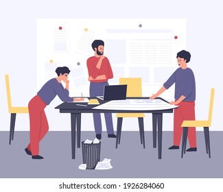 Drawing up a strategic plan by a group of young businessmen. Planning actions based on expected results. Prompt problem solving based on stimulating creative activity. Flat vector illustration.