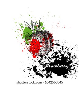 Drawing a strawberry by hand. On a white background with red and green blots