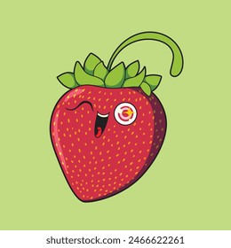 a drawing of a strawberry with a face and eyes.