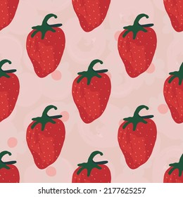 Drawing Strawberry Vector Seamless Pattern. Red Cute Flower Design. Pink Fresh Berry Texture. Colorful Fruit Fabric Illustration.