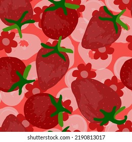 Drawing Strawberry Vector Seamless Pattern. Colorful Candy Flower Texture. Cartoon Spring Fruit Design. Red Berry Fresh Background.