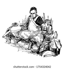 Drawing of the street food cooker in India 