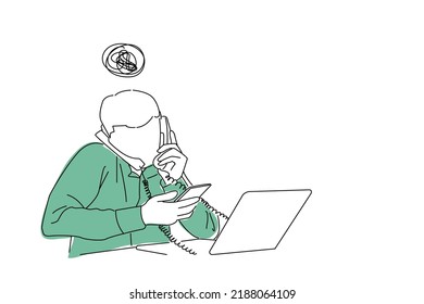 Drawing of stressed businessman working in his office and having multiple calls. Single line art style
