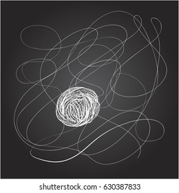 Drawing of a string of threads for knitting on a chalkboard.