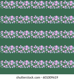 Drawing in a strip of small flowers on a green background. Millefleurs. Floral seamless background for textile or book covers, production, wallpaper, stamp, gift wrapping and scrapbooking