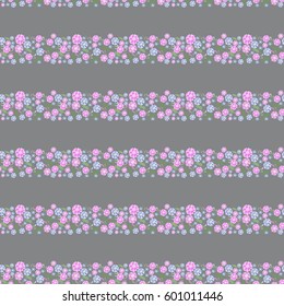 Drawing in a strip of small flowers on a siren background. Millefleurs. Floral seamless background for textile or book covers, production, wallpaper, stamp, gift wrapping and scrapbooking