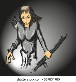 drawing strokes vector girl with a spear