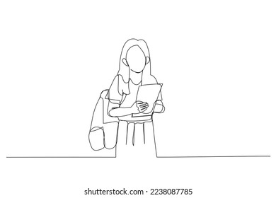 Drawing of student schoolgirl holding books and copybooks going to school wearing bag. Single continuous line art
