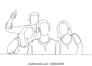 Drawing of Students Posing Together Making Selfie Near University Building Outdoors. Single continuous line art style
