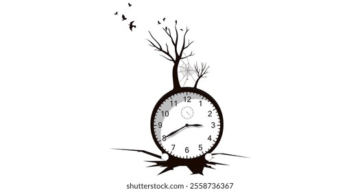 Drawing Style Clock Icon With Leafless Tree Concept.