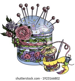 Drawing in the style of doodle and tangles. Decorative pin cushion and spool of thread. Multicolored Needle Cushion with Floral and Swirl Pattern
