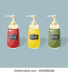 Drawing style, flat. Sauces. Yellow, red, green. Ketchup, mustard, chimichuri. A bottle with a dispenser. Bank, dispenser, plastic, glass. Label. Vector illustration.