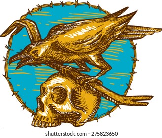 Drawing style illustration of a crow bird perched on a crowbar on top of a skull set inside circle barbed wire viewed from the side. 
