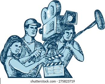 Drawing Style Illustration Of A Film Crew Cameraman Soundman With Clapperboard, Microphone, Video Film Camera Filming Set On Isolated White Background. 